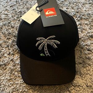 🧢🖤🌴Quiksilver Black Cap with White Palm Tree & Green Logo